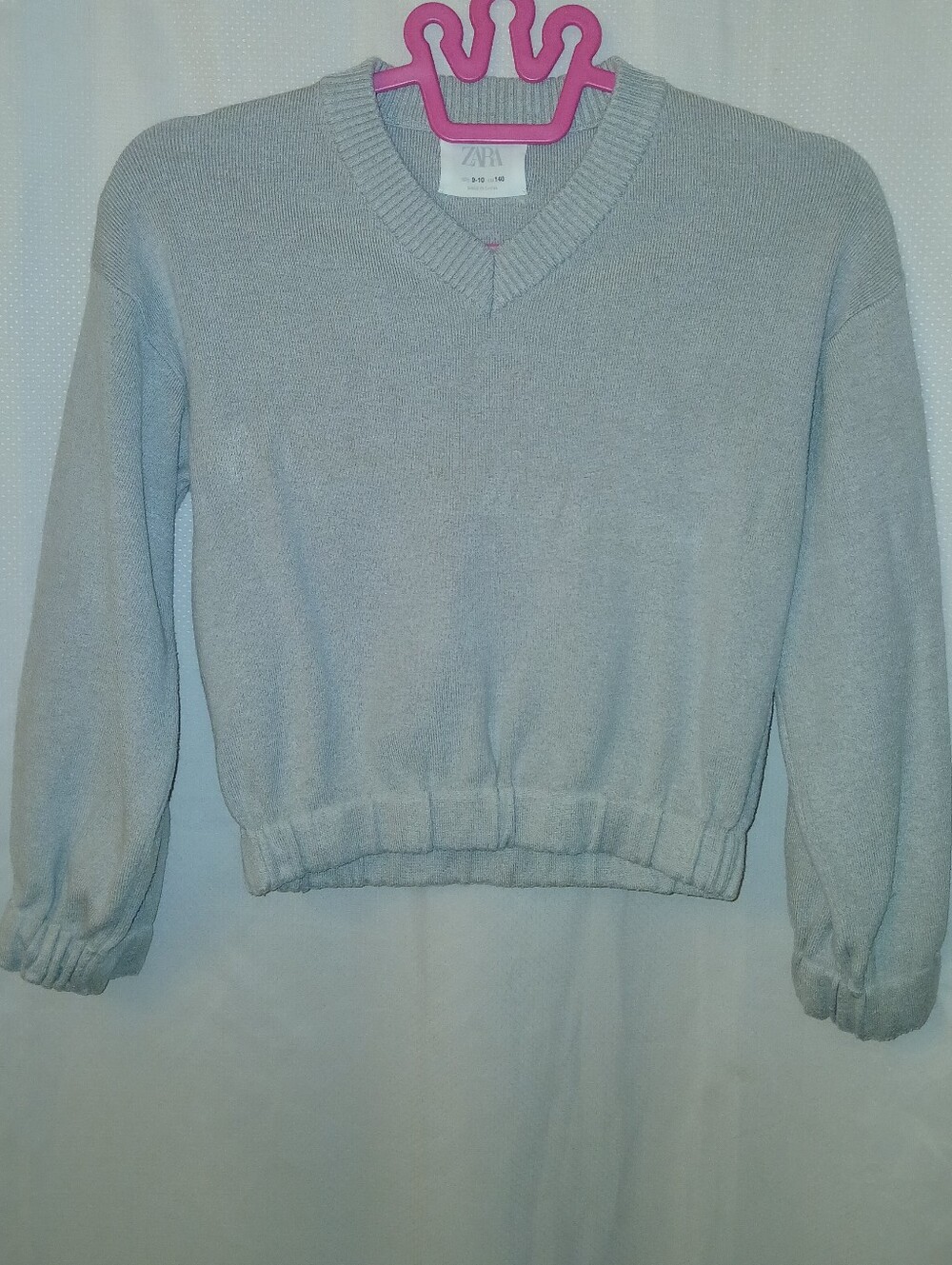 Zara Light Gray V-Neck Sweater w/ Elastic Cuffs & Waistband, Girls Size 9-10